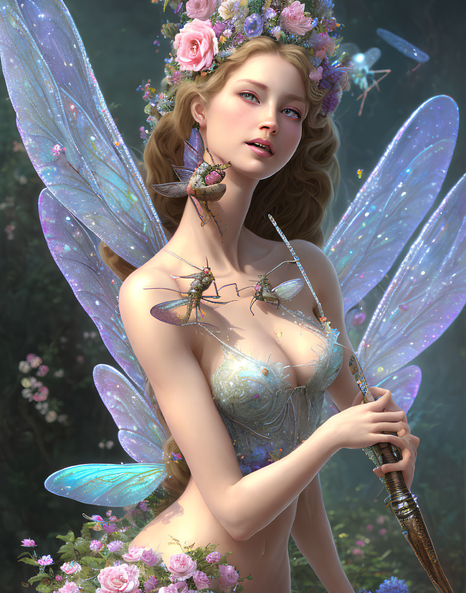 Ethereal fairy with iridescent wings and magical staff surrounded by flowers