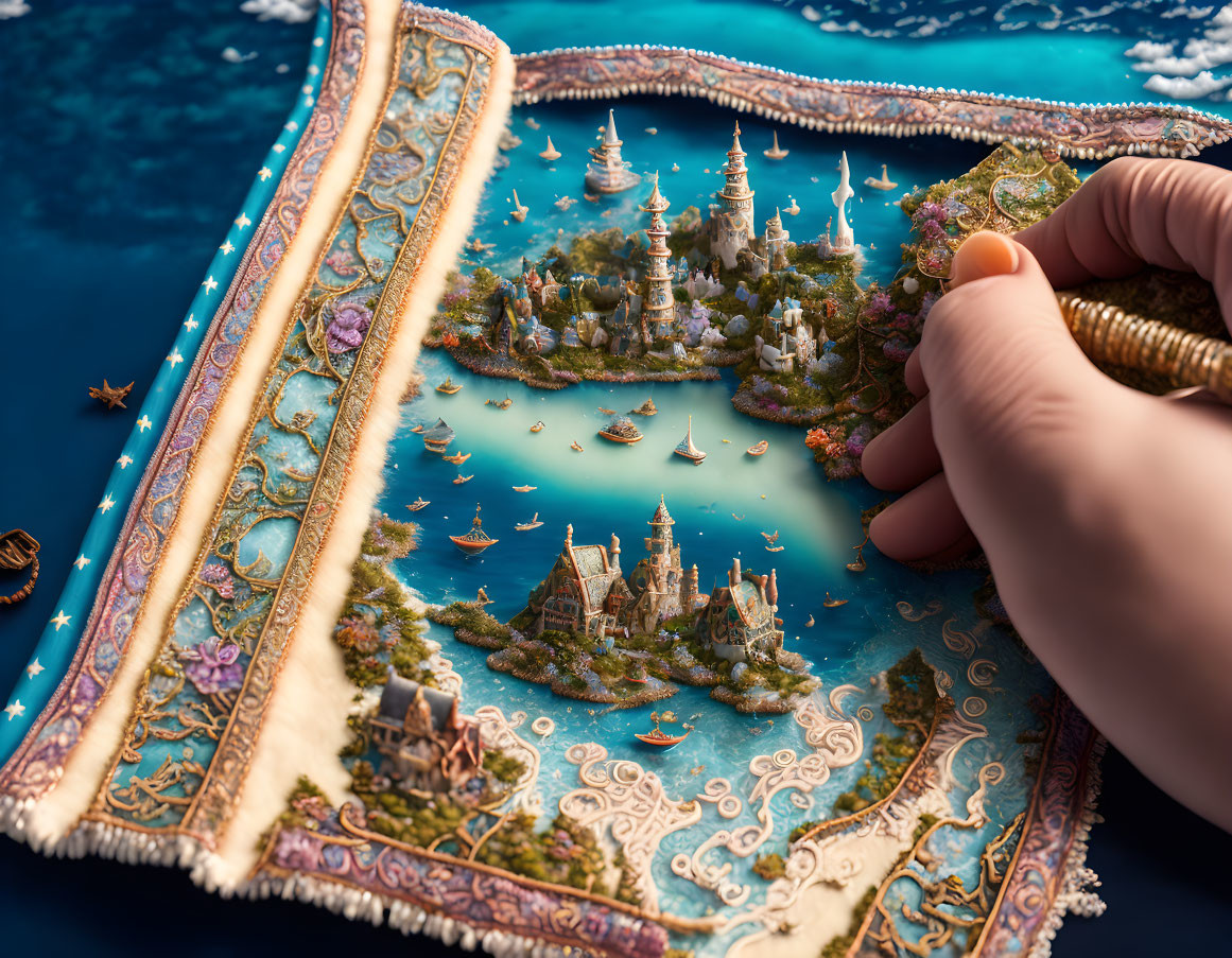 Hand unfurls ornate magical carpet over fantastical seascape