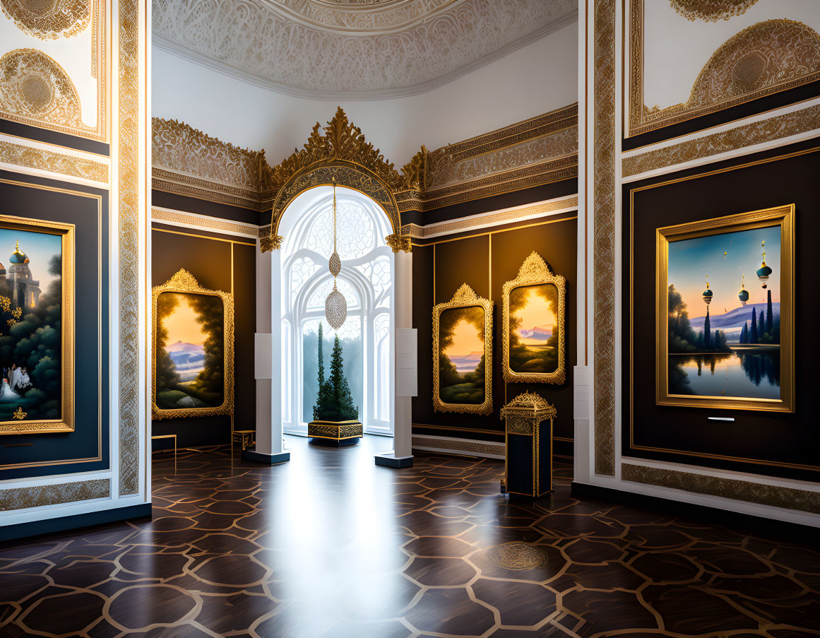 Opulent Gallery with Golden Frames, Landscapes, Ceiling Designs, Arched Windows, and P