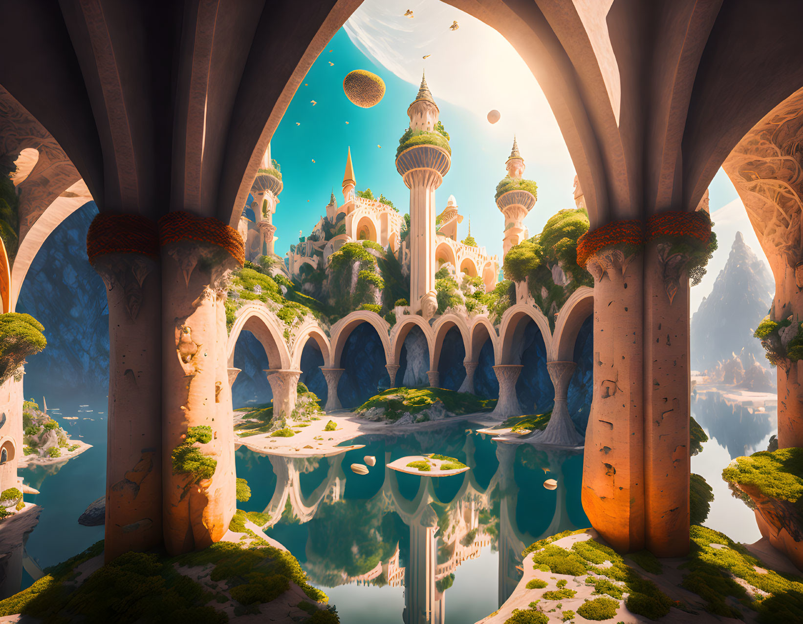 Fantasy landscape with ornate castle, rock formations, lake, and floating islands