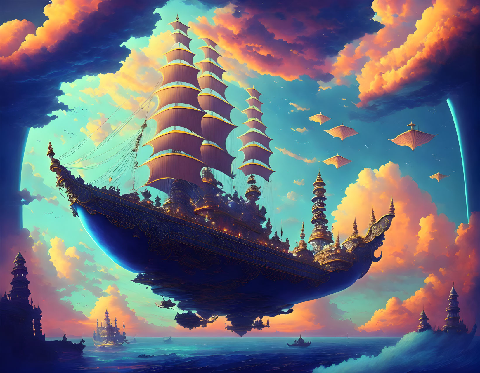 Ornate flying ship with multiple sails in sunset sky