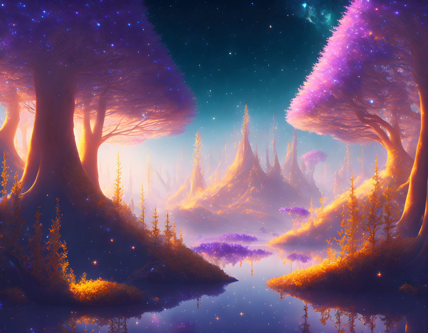 Mystical landscape with towering trees, calm lake, starry sky, glowing flora, and distant