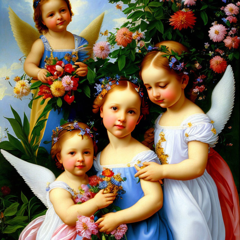 Four angelic children with wings in a floral setting.