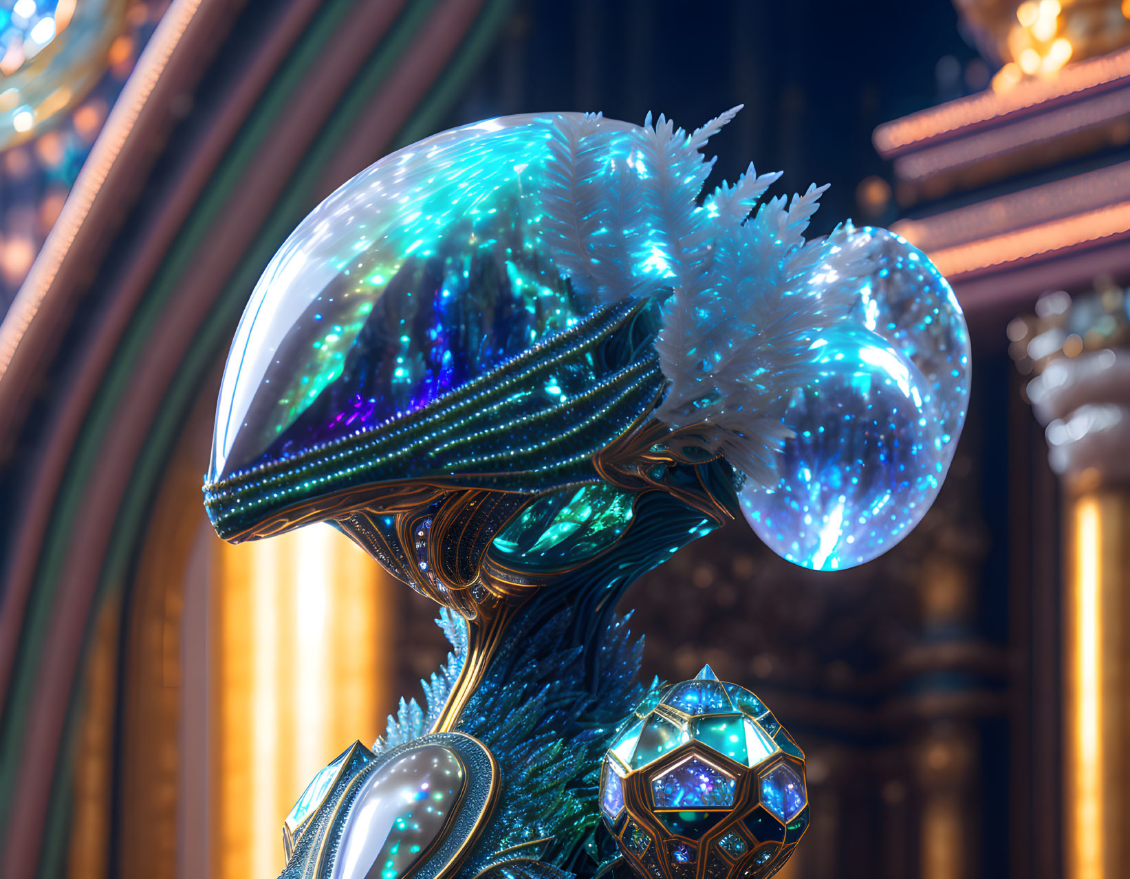 Futuristic helmet with glowing patterns and crystalline decorations on ornate background.