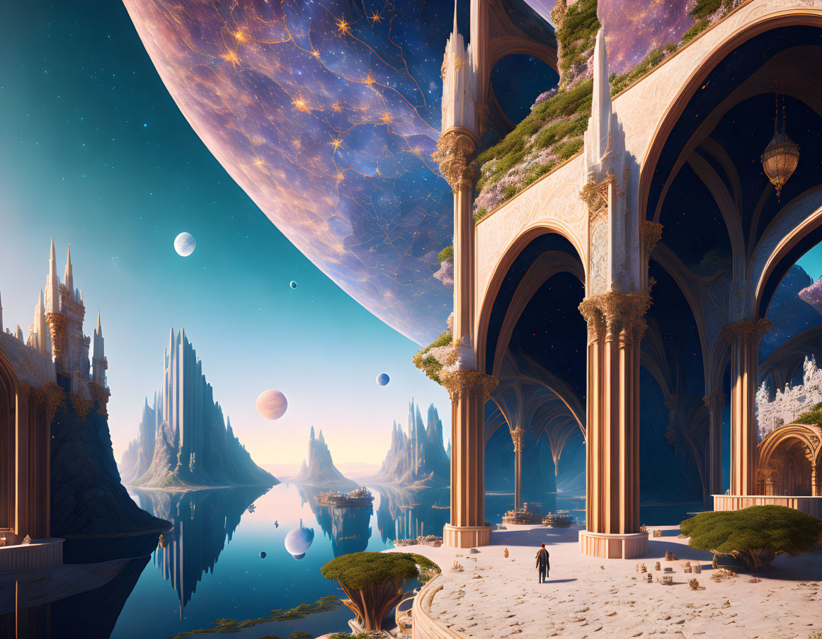 Fantastical landscape with towering spires, grand arches, reflective lake, and looming planet.