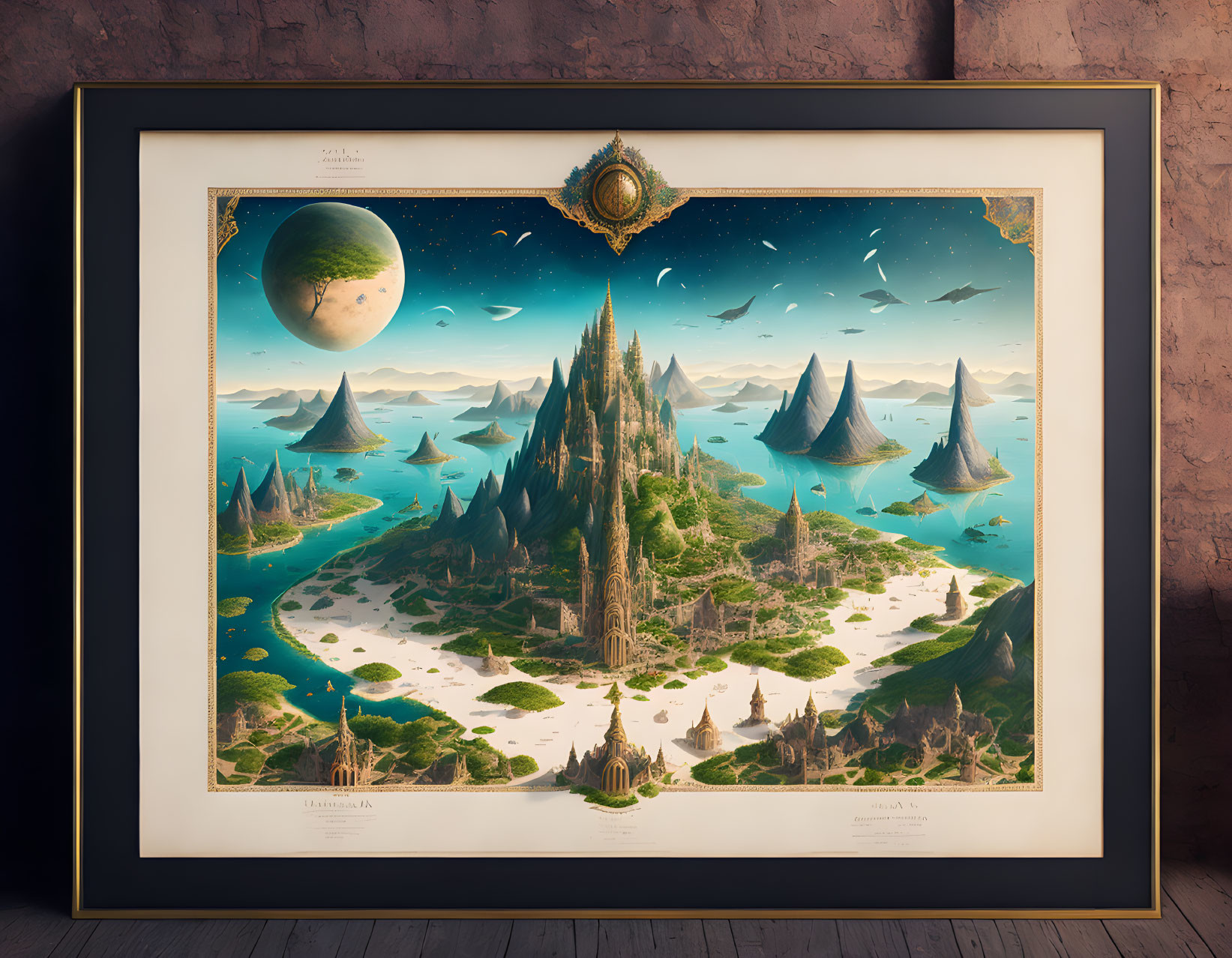 Fantastical landscape poster with island, mountains, planet, ships in elegant room