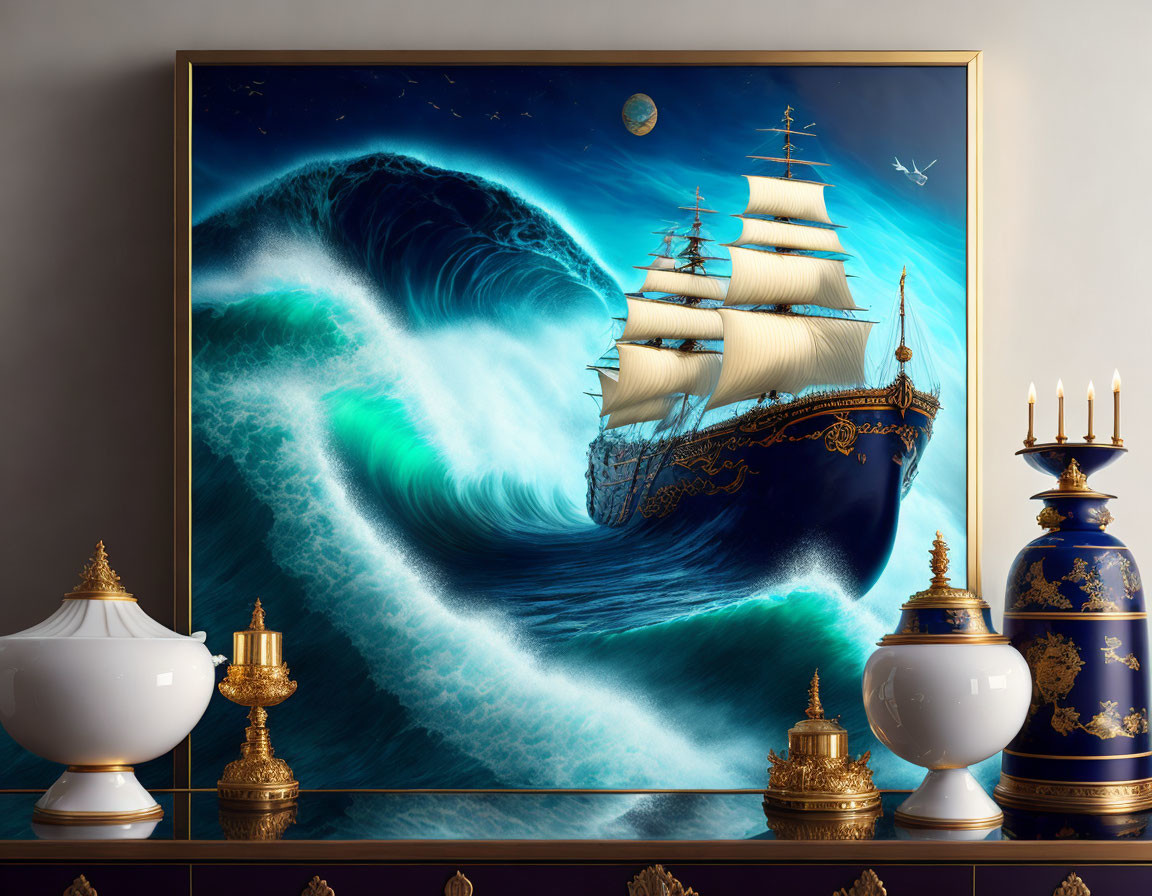 Sailing ship in stormy sea with vases and candles on sideboard