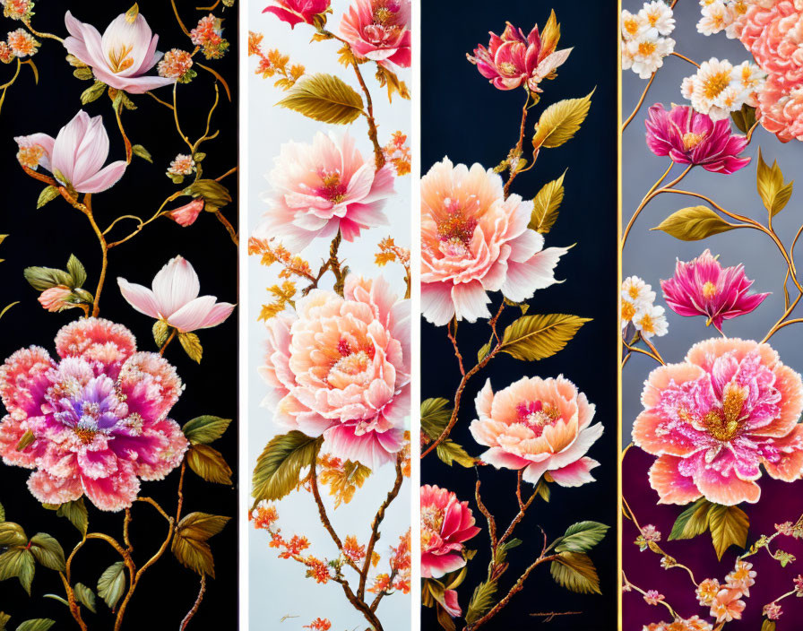 Vibrant pink and white flowers in four panels with golden accents