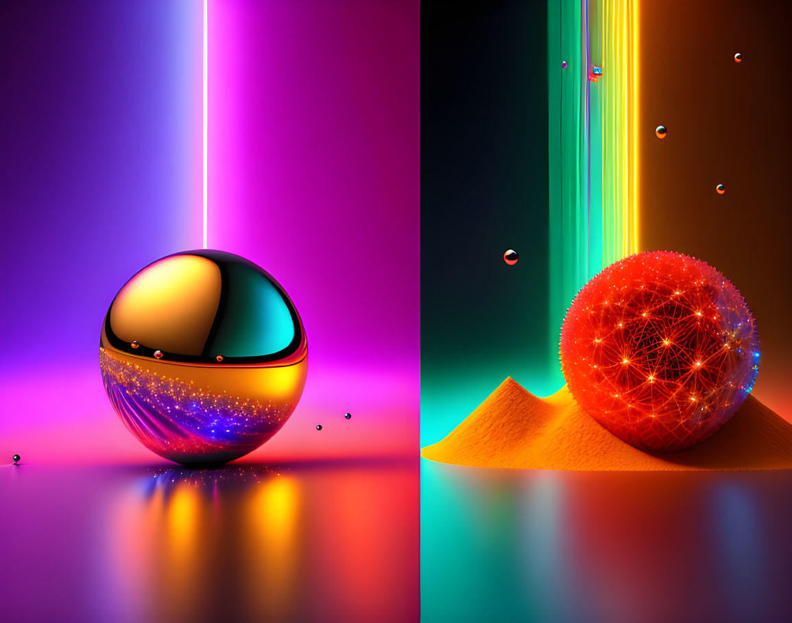 Colorful digital artwork with glossy spheres on neon gradient background