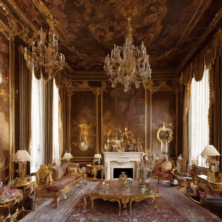 Luxurious Baroque-style Room with Gilded Details and Grand Chandeliers