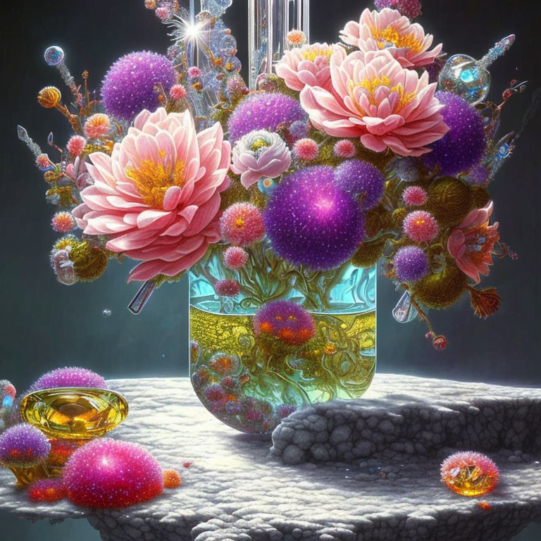 Colorful bouquet with pink flowers and spherical objects in glass vase on floating rock.