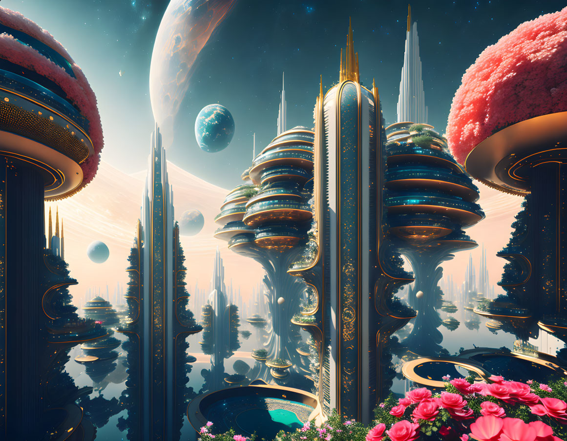 Ornate Towers in Futuristic City with Floating Planets