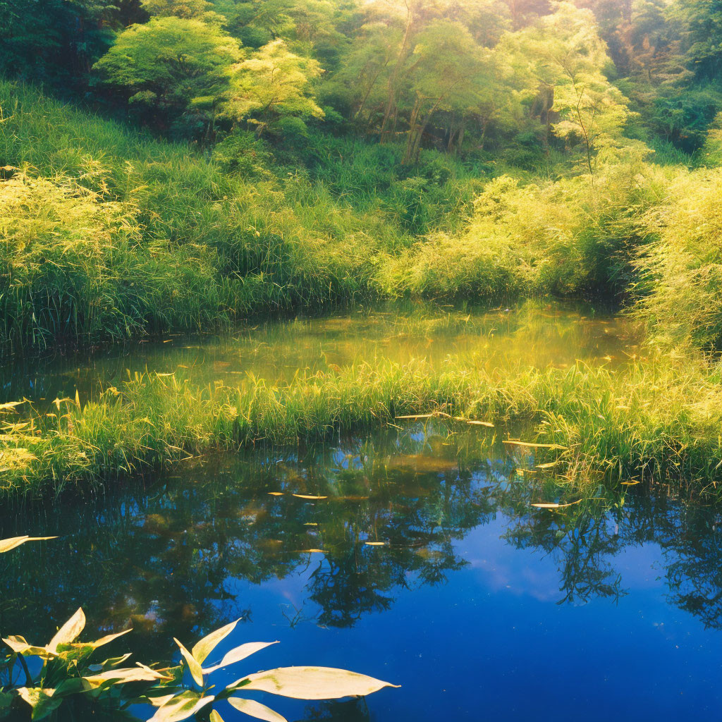 Tranquil Pond with Lush Greenery and Reflections