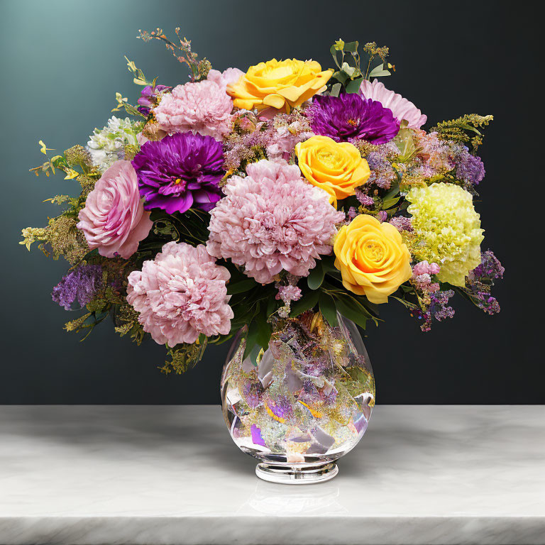 Colorful Mixed Flower Bouquet in Clear Vase on Marble Surface