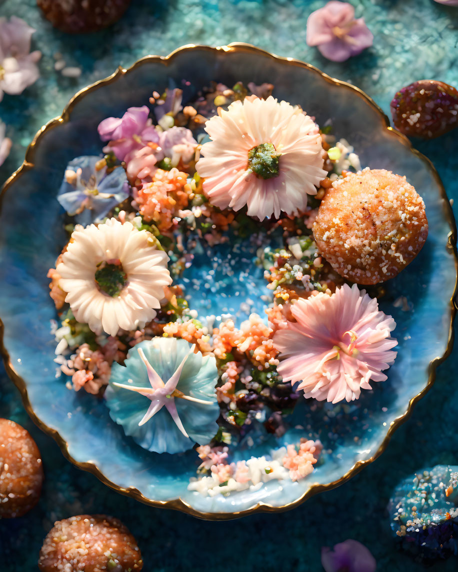 Vibrant sugared sweets and edible flowers on ornate blue plate