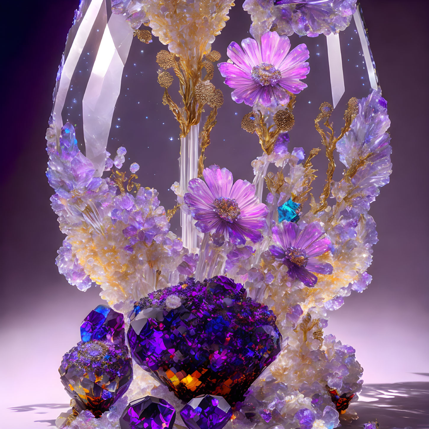 Opulent crystal egg with amethyst clusters and gold accents on purple background