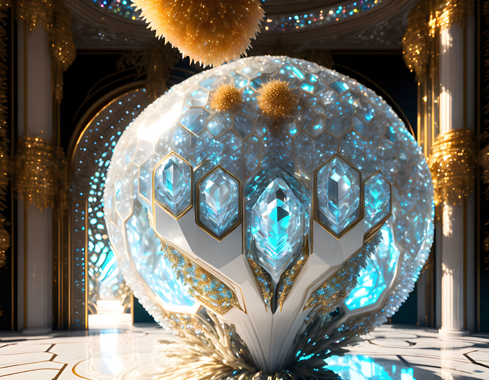 Futuristic egg-shaped structure with blue crystals in opulent room