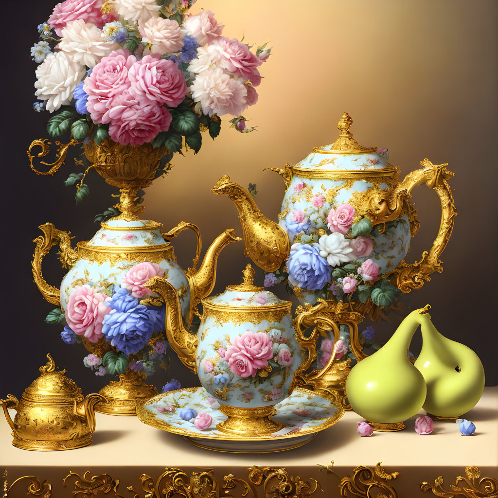 Elegant Floral Porcelain Tea Set with Gold Trim, Pears, and Candies on Reflective