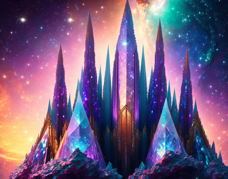 Colorful digital artwork: Crystalline structures against cosmic backdrop