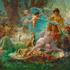 Four whimsical fairies frolic in sunlit glade among flowering trees