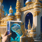 Hand holding mirror reflecting fantastical landscape with golden castle and blue planets