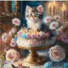 Adorable kitten with birthday cake and candles