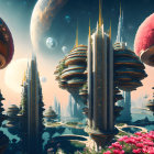 Ornate Towers in Futuristic City with Floating Planets