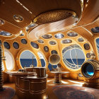 Luxurious Wood-Paneled Spaceship Interior with Porthole Windows