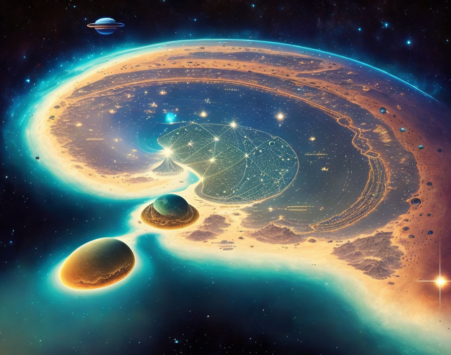 Colorful Spiral Galaxy with Planets and Star in Cosmic Illustration