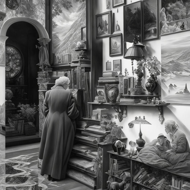 Elderly person in gray coat browsing books in classical room filled with artworks and couple reading