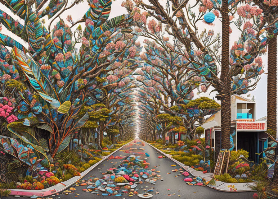 Colorful surreal street scene with stylized trees and scattered petals.