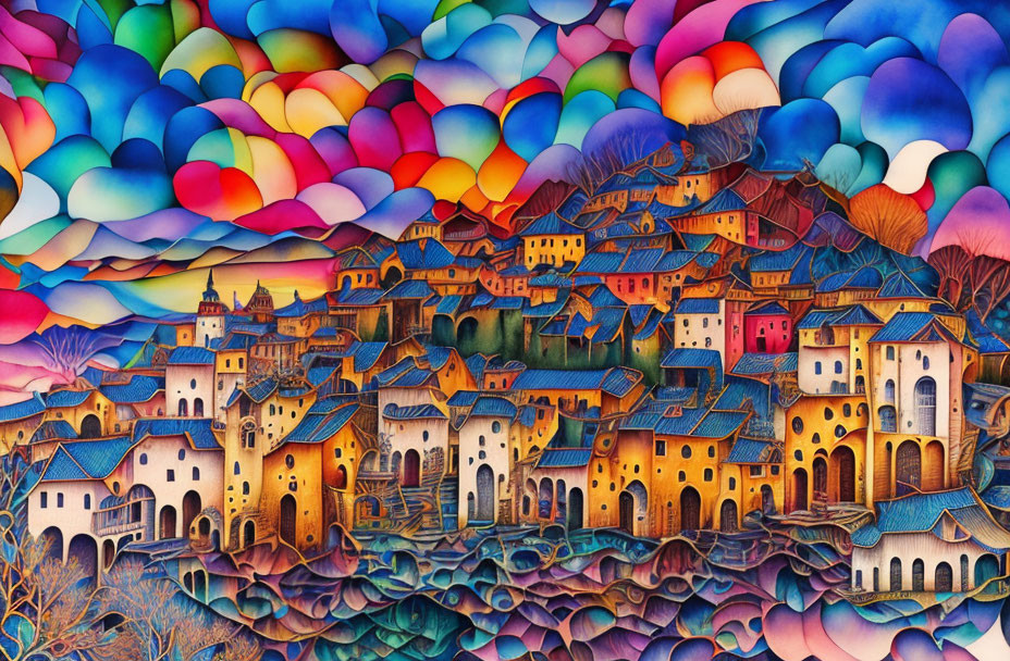 Whimsical village with vibrant hot air balloons above colorful landscape