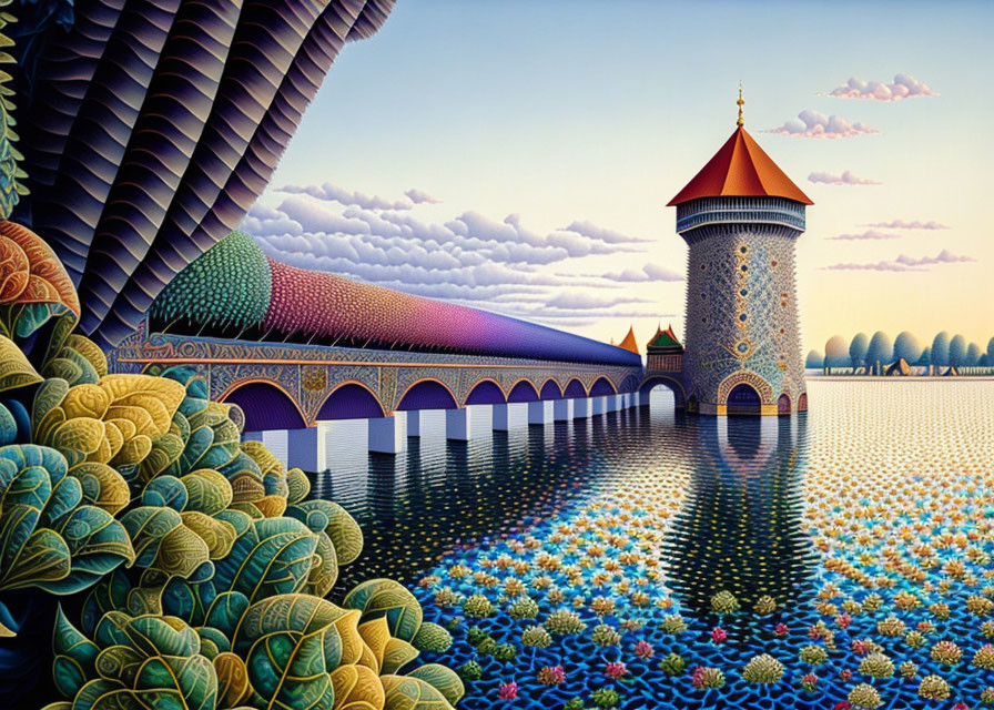 Colorful Castle Illustration with Bridge and Foliage