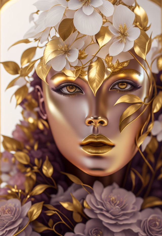 Surreal portrait: golden facial features with flower crown on purple background