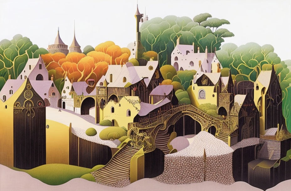 Colorful Fantastical Village Illustration with Autumn Trees & Ornate Buildings