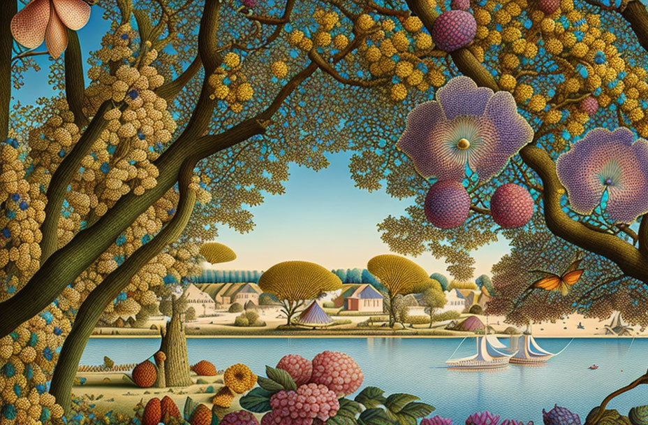 Whimsical landscape with stylized trees, oversized flowers, and sailing boats