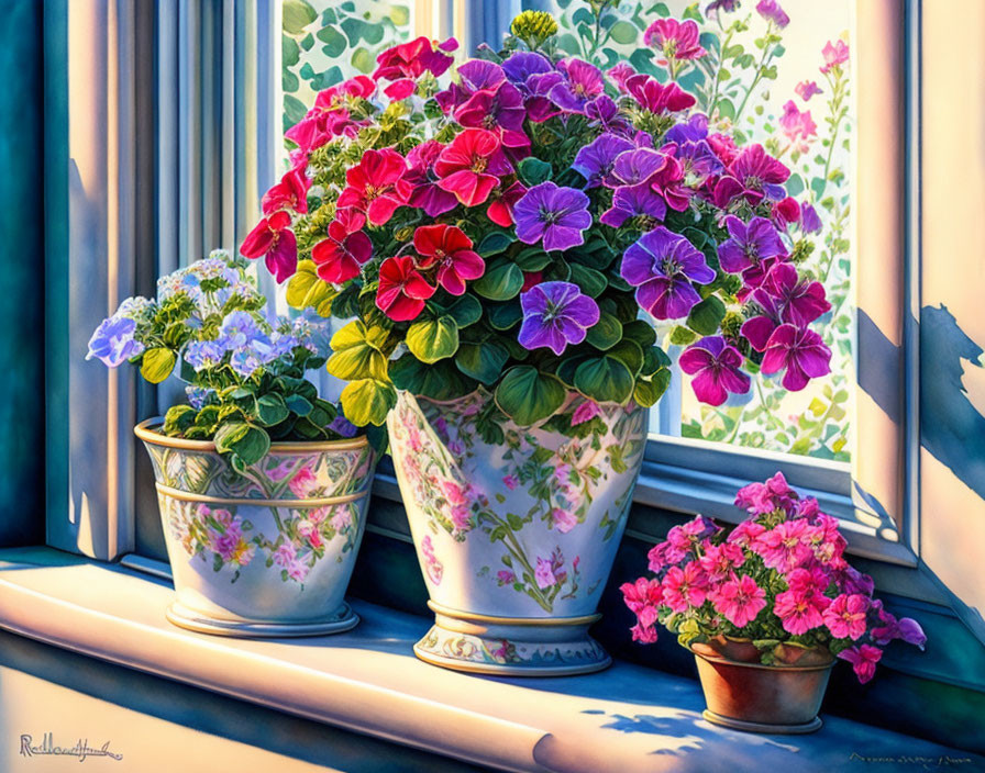 Colorful Flower Pots on Sunlit Windowsill with Greenery View