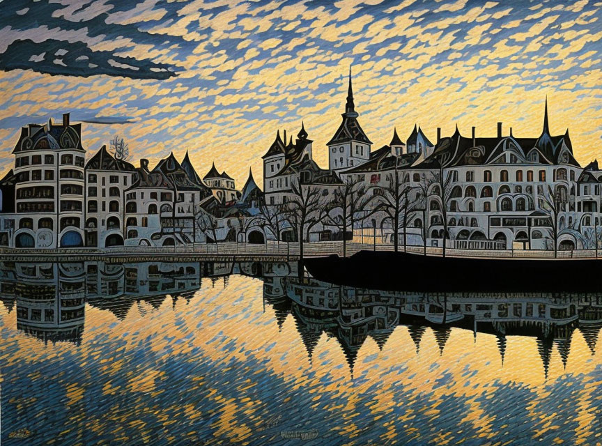 European-style buildings by calm river with vivid reflection and dramatic sky