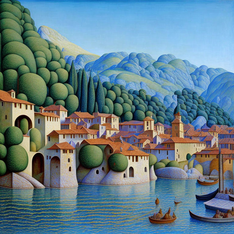 Stylized painting of serene Mediterranean village with green trees, terracotta roofs, boats, and