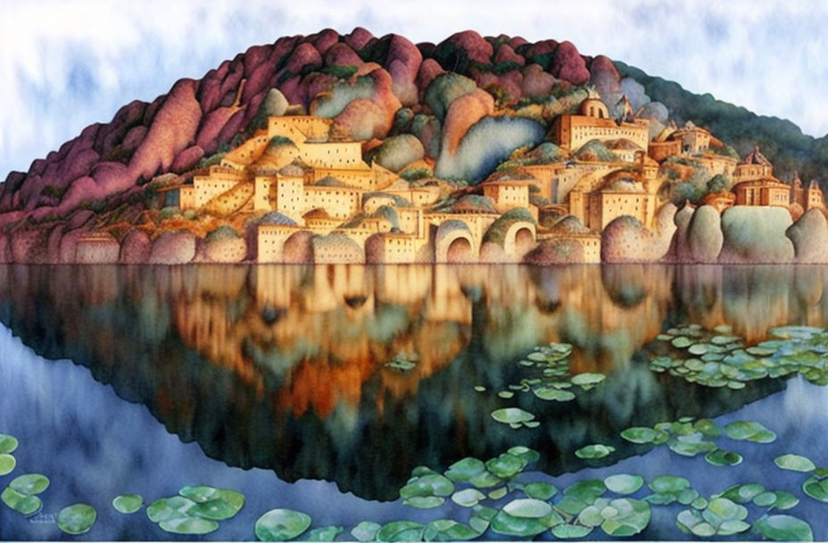 Mountainous Village Painting: Stone Buildings, Calm Lake, Water Lilies