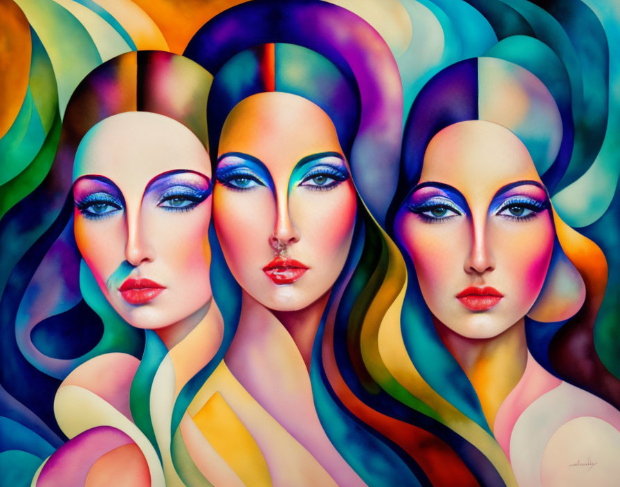 Colorful Abstract Painting: Three Stylized Female Faces with Bold Makeup