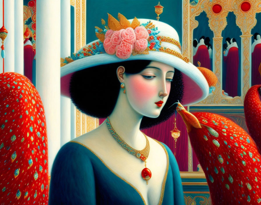 Illustration of woman with white hat, flowers, red earrings, blue dress, caressing two pe