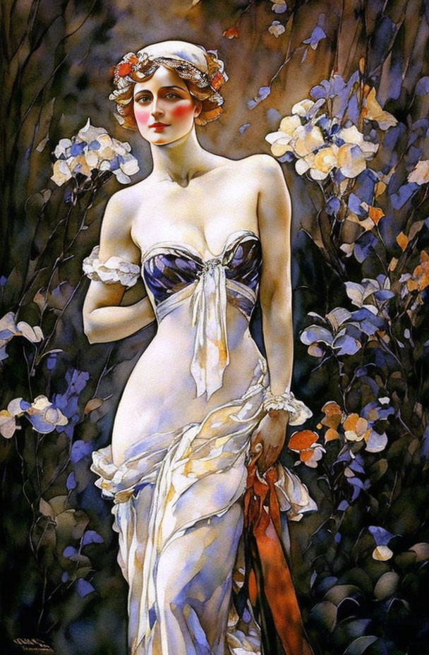 Woman in White Dress Surrounded by Flowers and Wearing Blue Corset