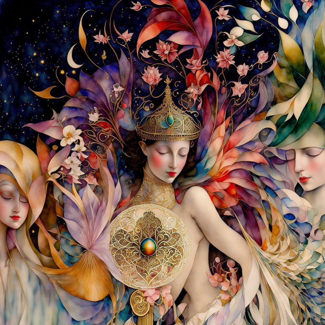 Colorful artwork featuring serene central figure and intricate floral and cosmic elements