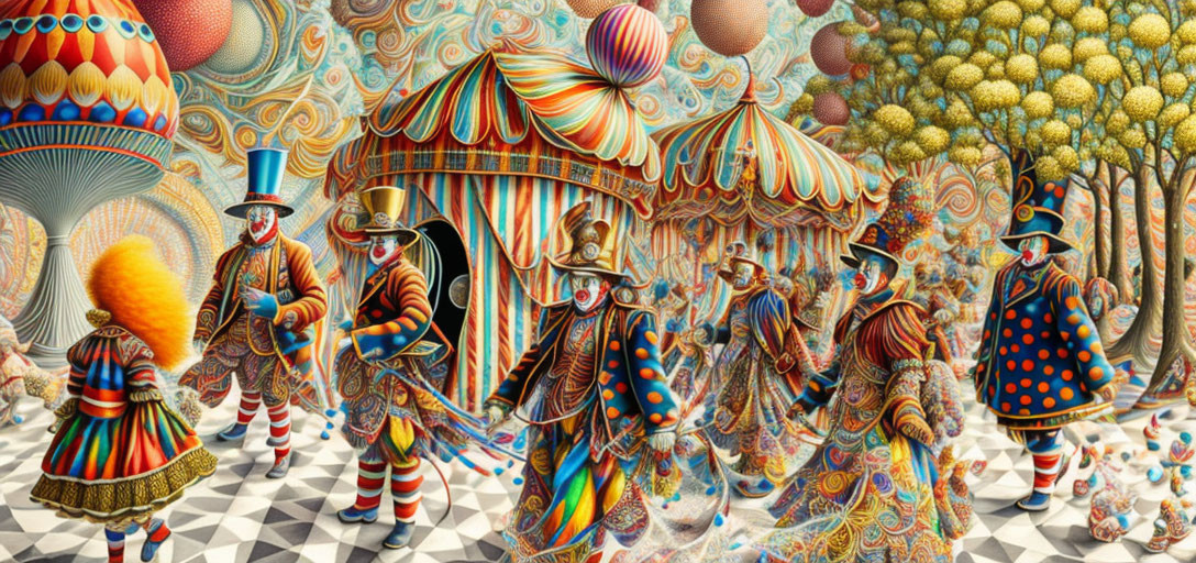 Colorful digital artwork: whimsical parade with ornate figures and surreal backdrop.