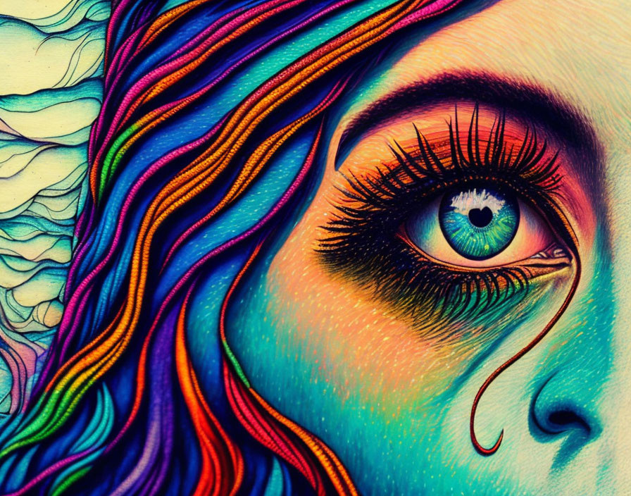 Vibrant woman's eye and face with colorful flowing hair.