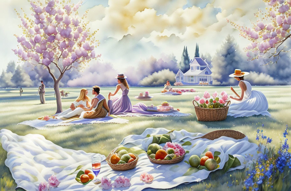 Tranquil picnic scene with lush greenery, colorful flowers, and fruit baskets