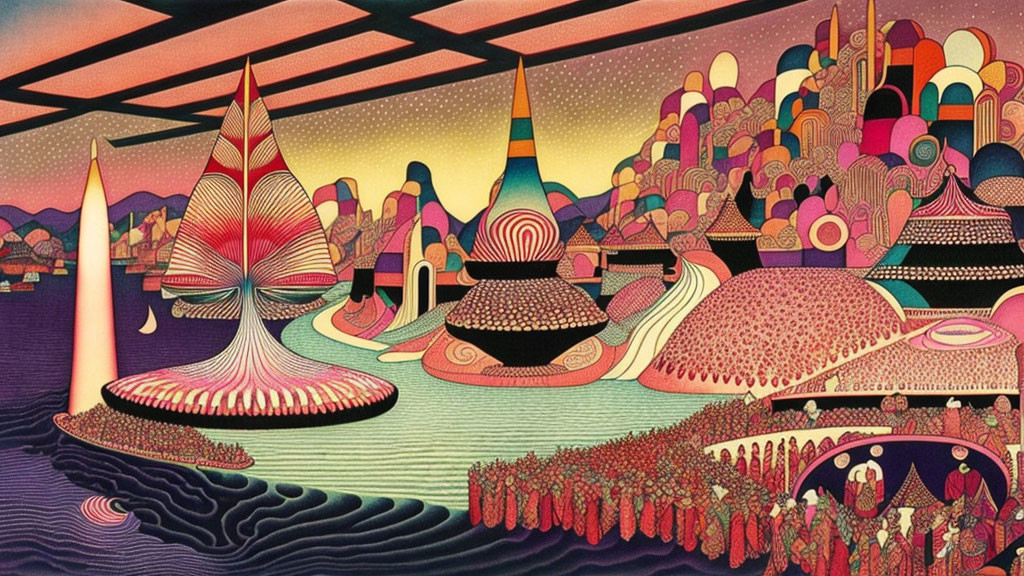 Colorful Psychedelic Landscape with Intricate Patterns and Fantastical Architecture