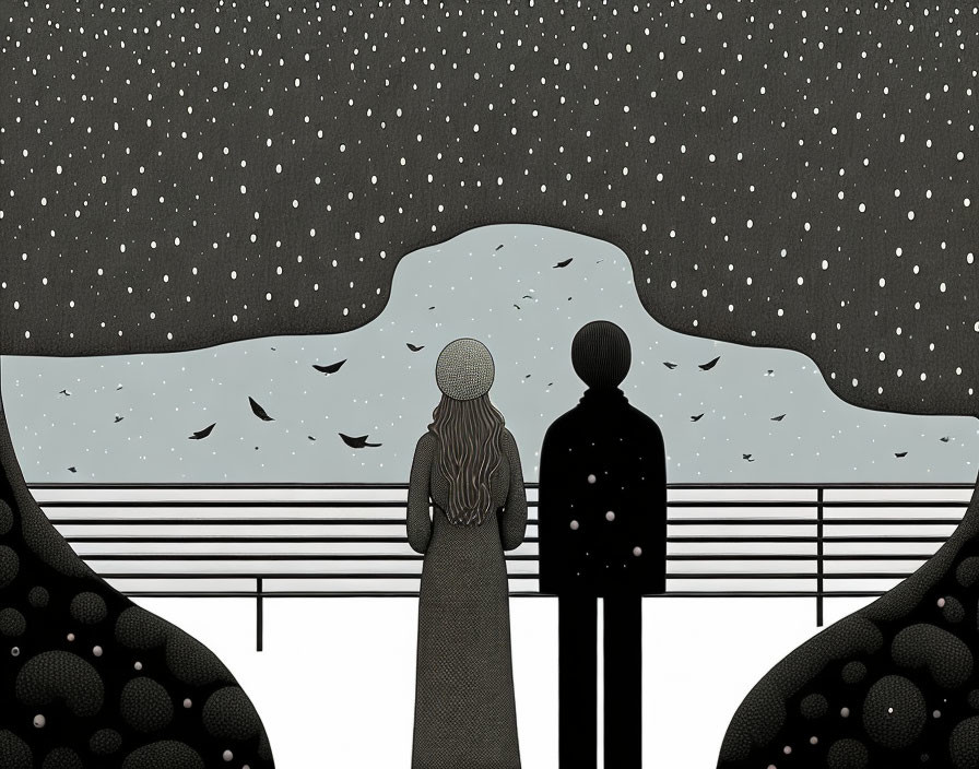 Silhouetted figures by railing in snowy night landscape