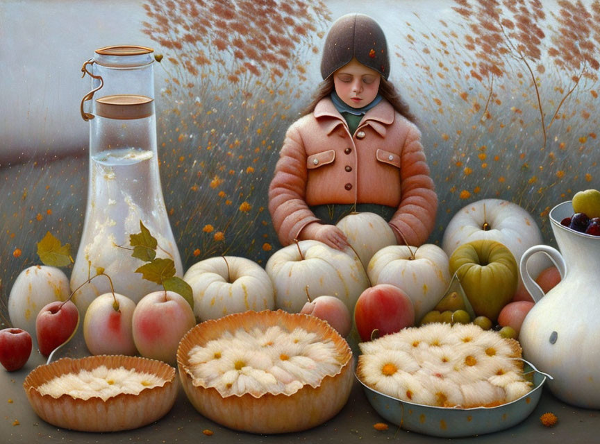 Child in Brown Coat Surrounded by Autumnal Harvest Scene